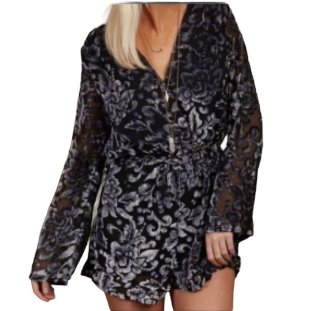 ALTARD STATE |  FLORAL VELVET BURNOUT SHEER  SURPLICE ROMPER WOMEN'S SIZE SMALL